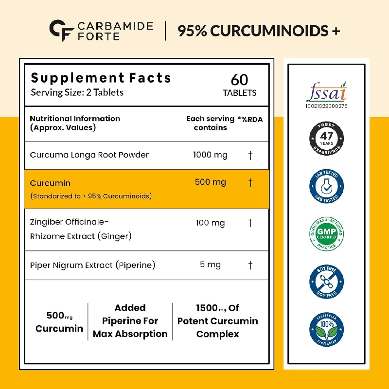 Carbamide Forte Curcumin with Piperine Tablets with Curcuminoids  for Adults with Curcuma Longa, Turmeric Powder & Ginger, 240 g-2.webp